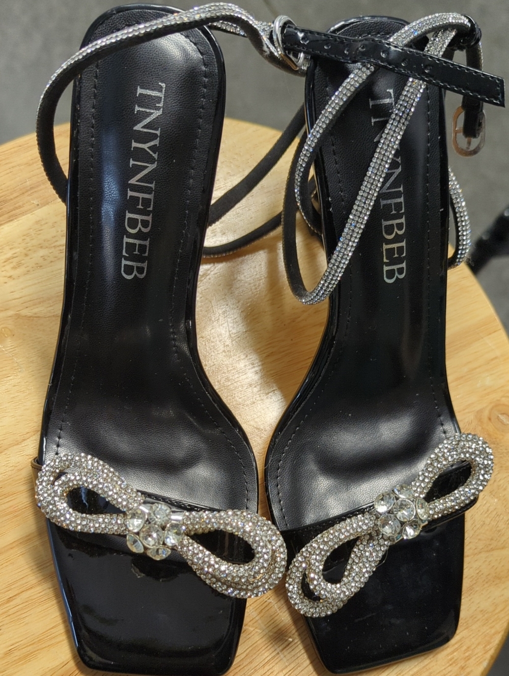 Black Rhinestone Bow Ankle-Strap Sandals
